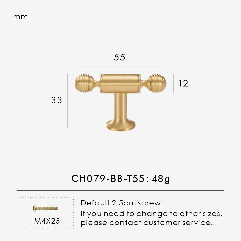 Measurement chart with a French luxury brass gold t-bar 55 mm long and dimensions on a white background. 