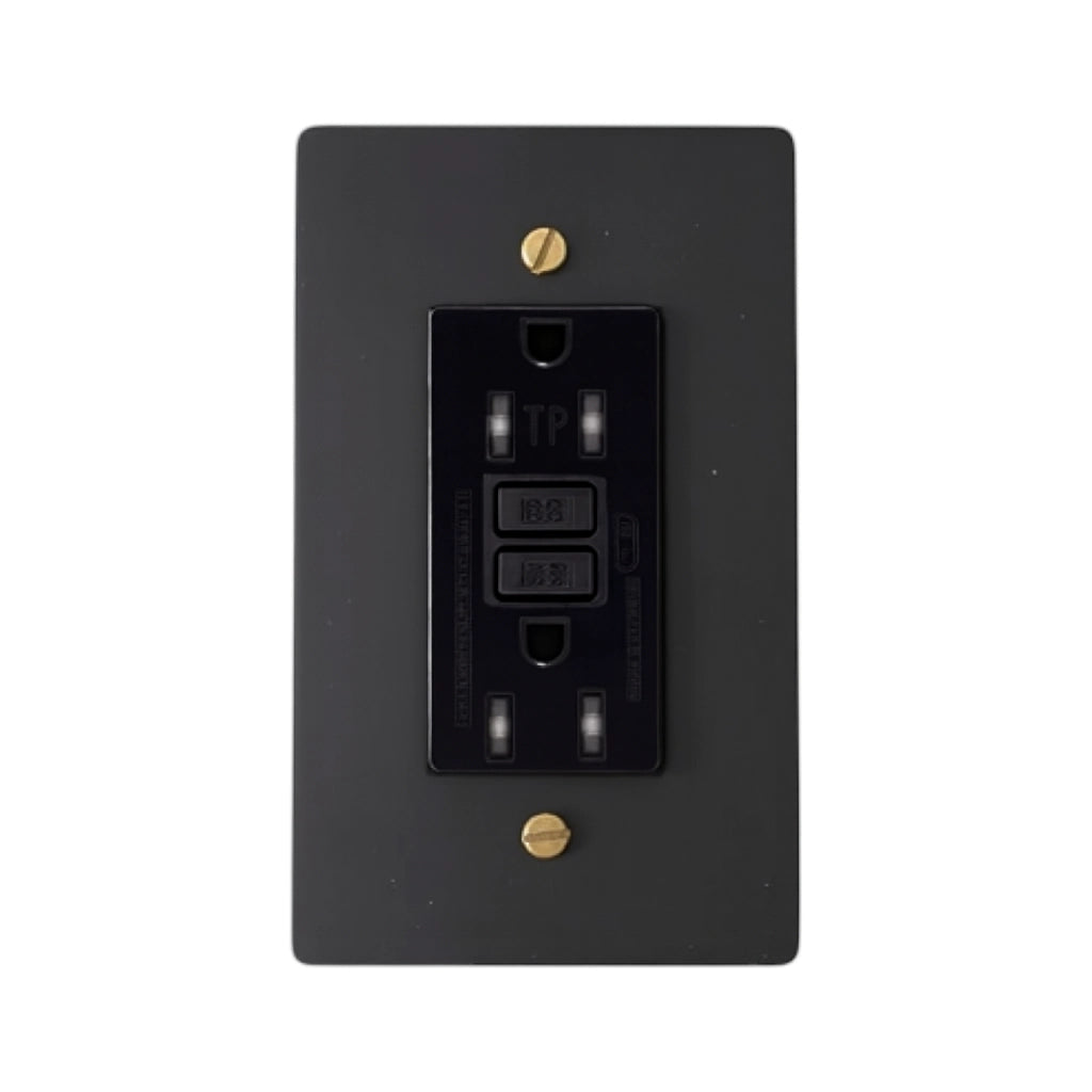 Black GFCI electrical wall plate with TP terminal block on a white background