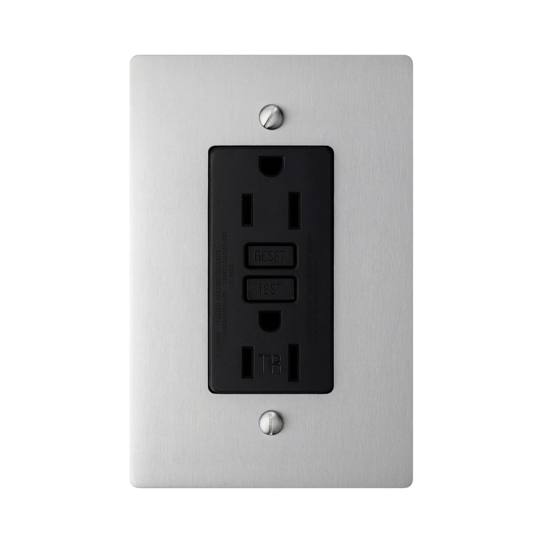 Wall outlet with black GFCI receptacle on  a silver wall plate