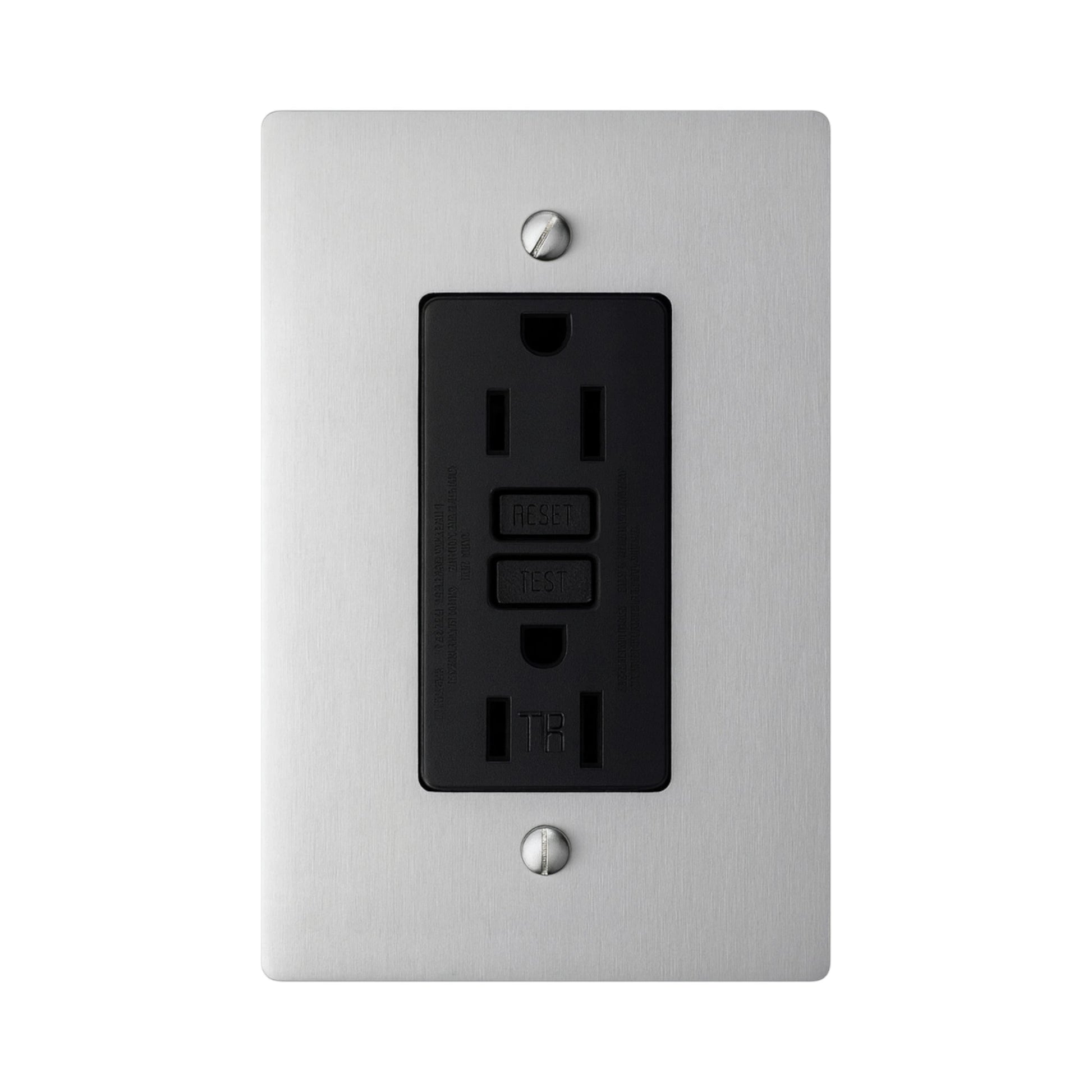 Wall outlet with black GFCI receptacle on  a silver wall plate