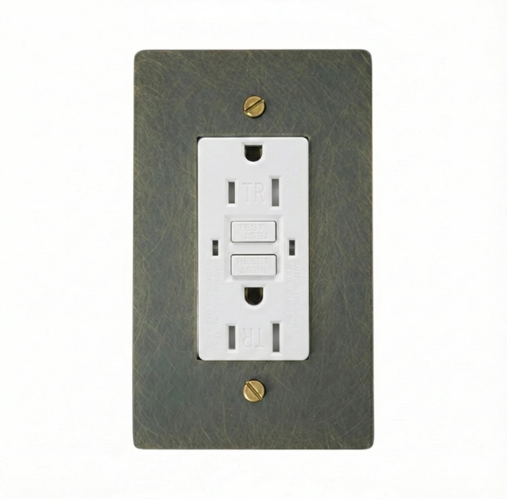 White electrical outlet with a dark green wall plate on a white background