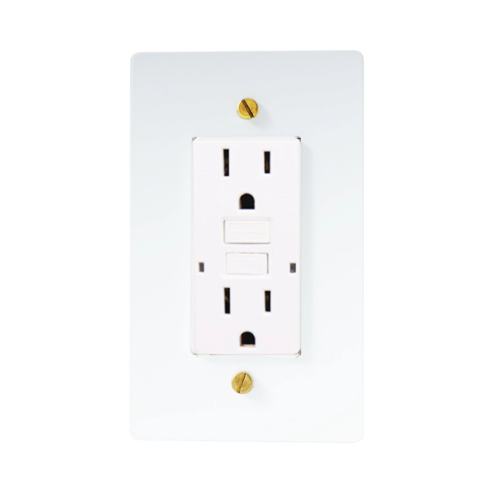 White GFCI electrical outlet with gold screws on a white background