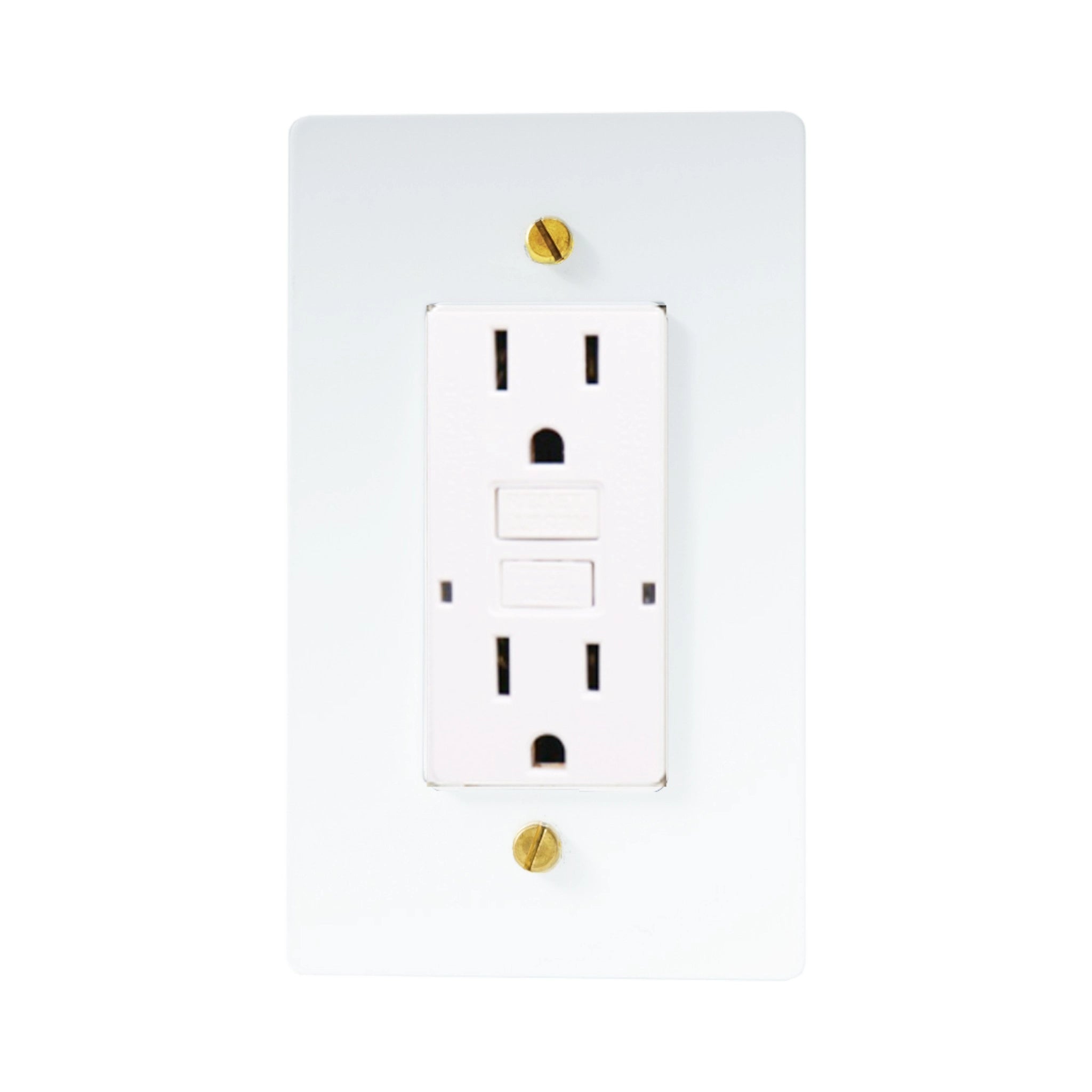 White GFCI electrical outlet with gold screws on a white background