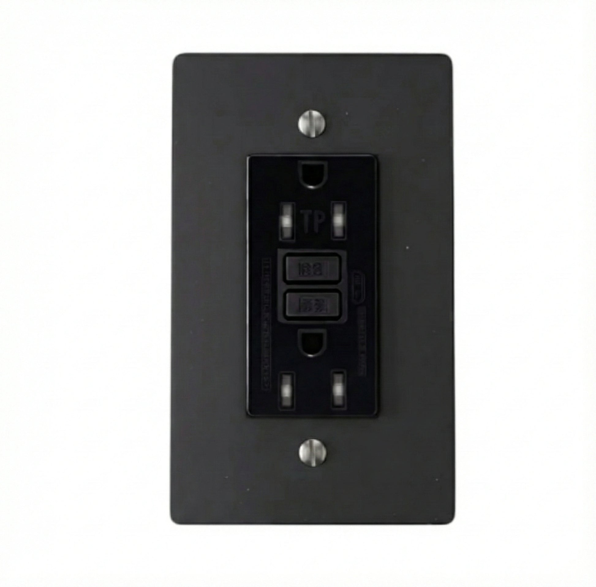 Black wall switch plate with multiple outlets on a white background