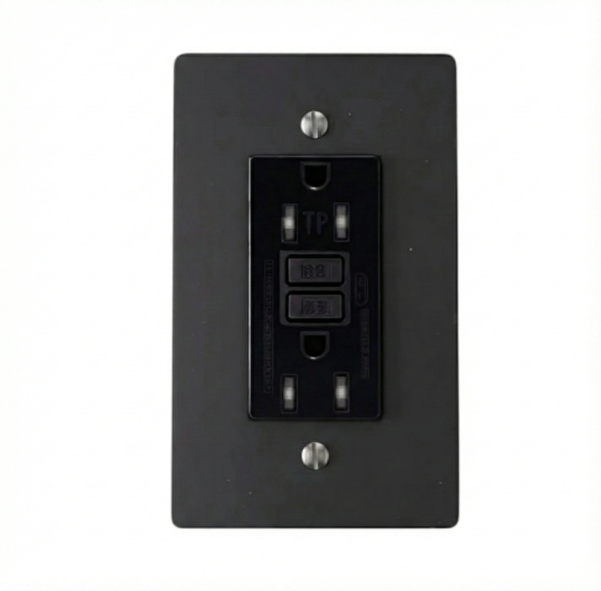 Black wall switch plate with multiple outlets on a white background