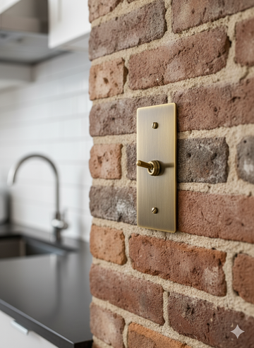Brass light switch on a brick wall in a kitchen
