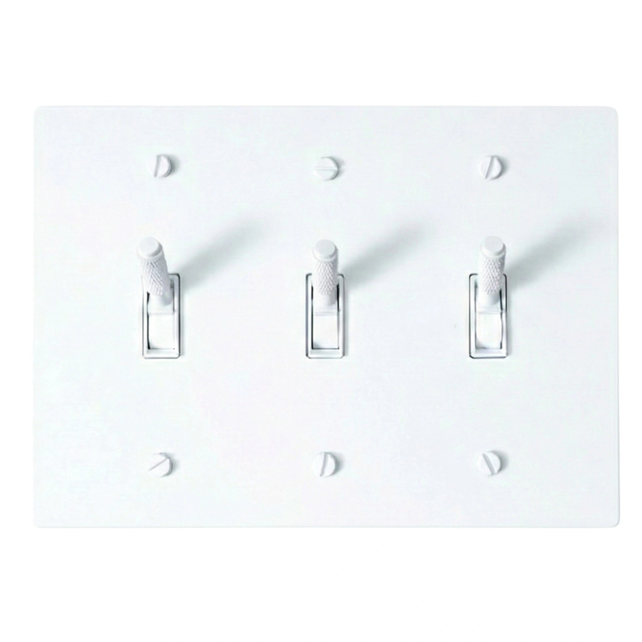 3-gang knurled toggle light switch plate in white, front view