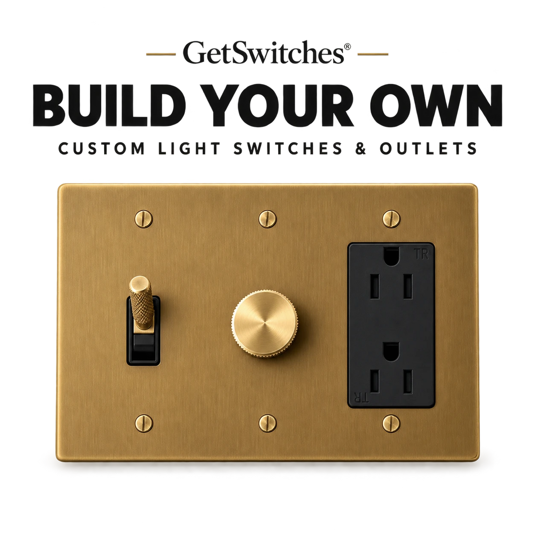 Build your own custom light switches and outlets graphic featuring a brass toggle, dimmer, and outlet combo plate on a transparent background.