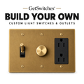 Build your own custom light switches and outlets graphic featuring a brass toggle, dimmer, and outlet combo plate on a transparent background.