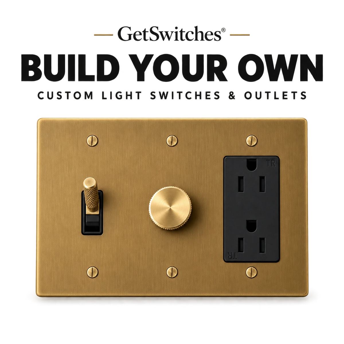 Build your own custom light switches and outlets graphic featuring a brass toggle, dimmer, and outlet combo plate on a transparent background.