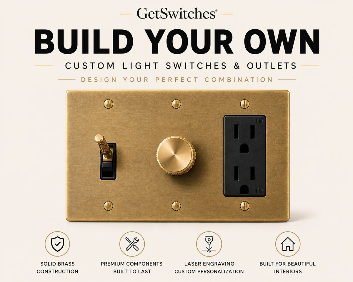 GetSwitches custom light switch and outlet set in solid brass with a central rotary knob, a black toggle switch, and a black outlet, shown on a light beige background with promotional text and feature icons.