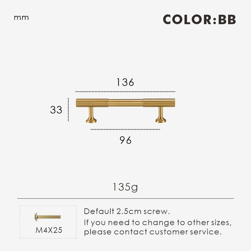 Measurement chart for gold brass Art Deco pull 136 mm with dimensions and weight information.
