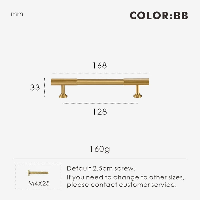 Measurement chart for gold brass Art Deco pull 168 mm with dimensions and weight information.