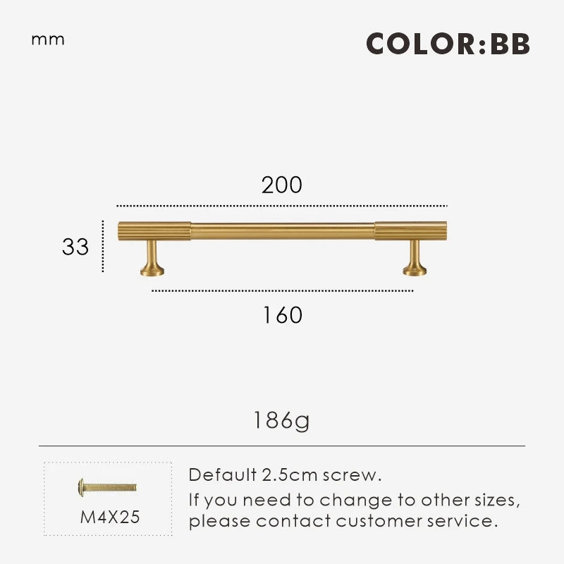 Measurement chart for gold brass Art Deco pull 200 mm with dimensions and weight information.