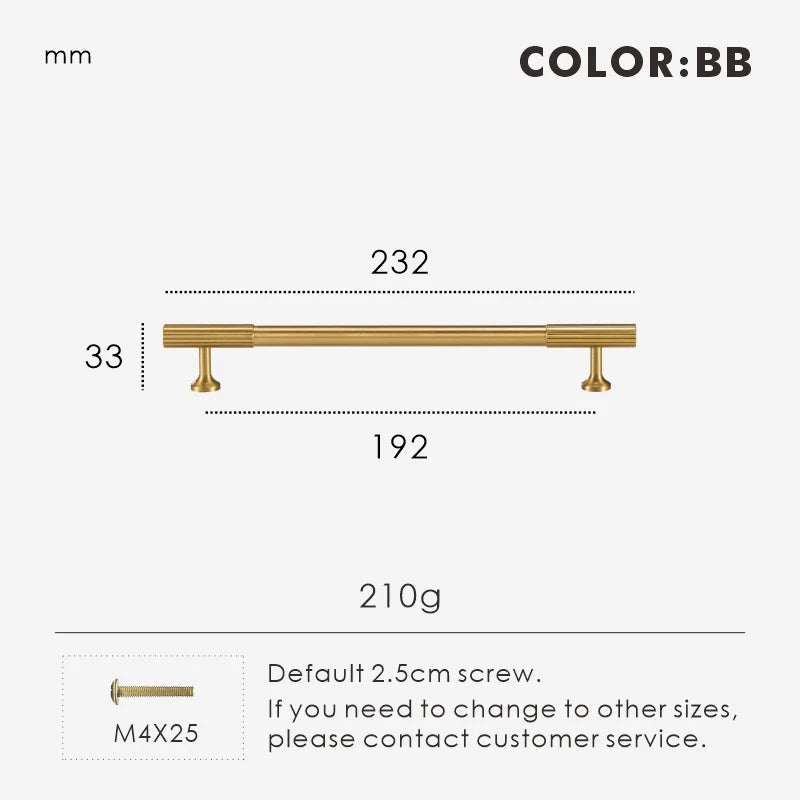 Measurement chart for gold brass Art Deco pull 232 mm with dimensions and weight information.