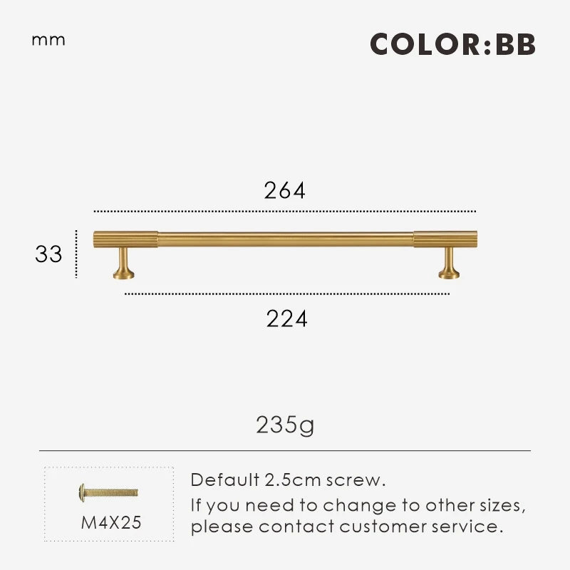 Measurement chart for gold brass Art Deco pull 264 mm with dimensions and weight information.