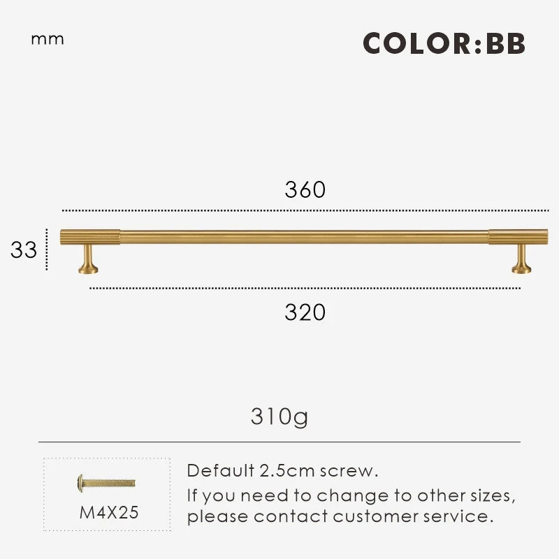 Measurement chart for gold brass Art Deco pull 360 mm with dimensions and weight information.