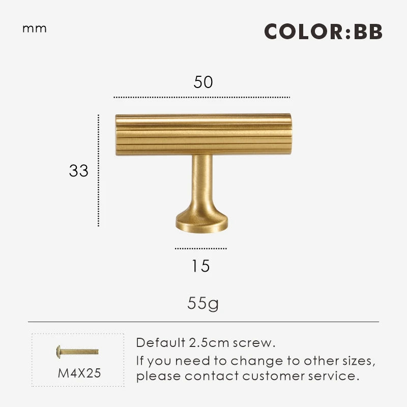 Measurement chart for gold brass Art Deco t-bar 50 mm with dimensions and weight information.