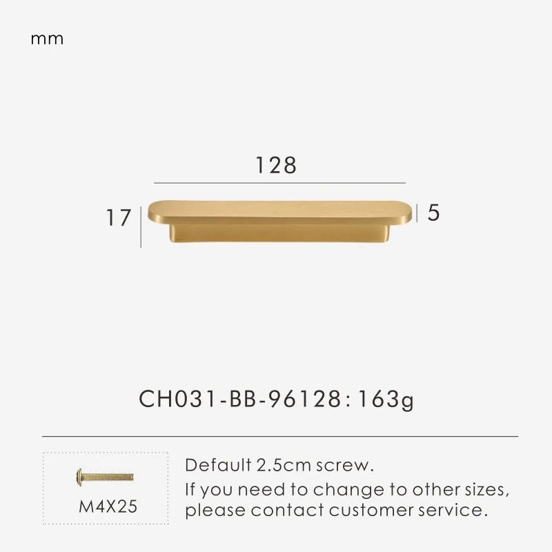 Measurement chart for a gold brass circular-end handle 128 mm with dimensions and weight information.