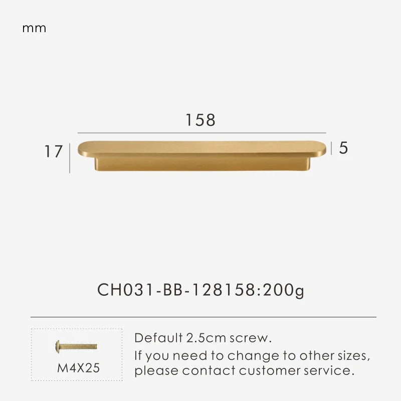 Measurement chart for a gold brass circular-end handle 158 mm with dimensions and weight information.