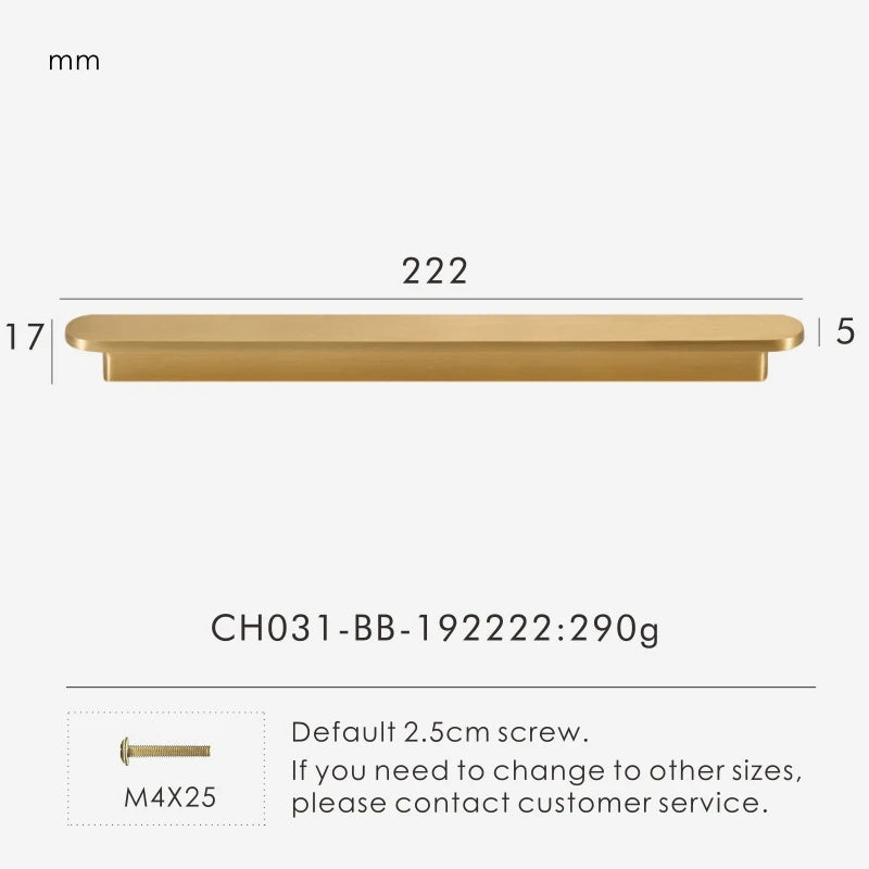 Measurement chart for a gold brass circular-end handle 222 mm with dimensions and weight information.