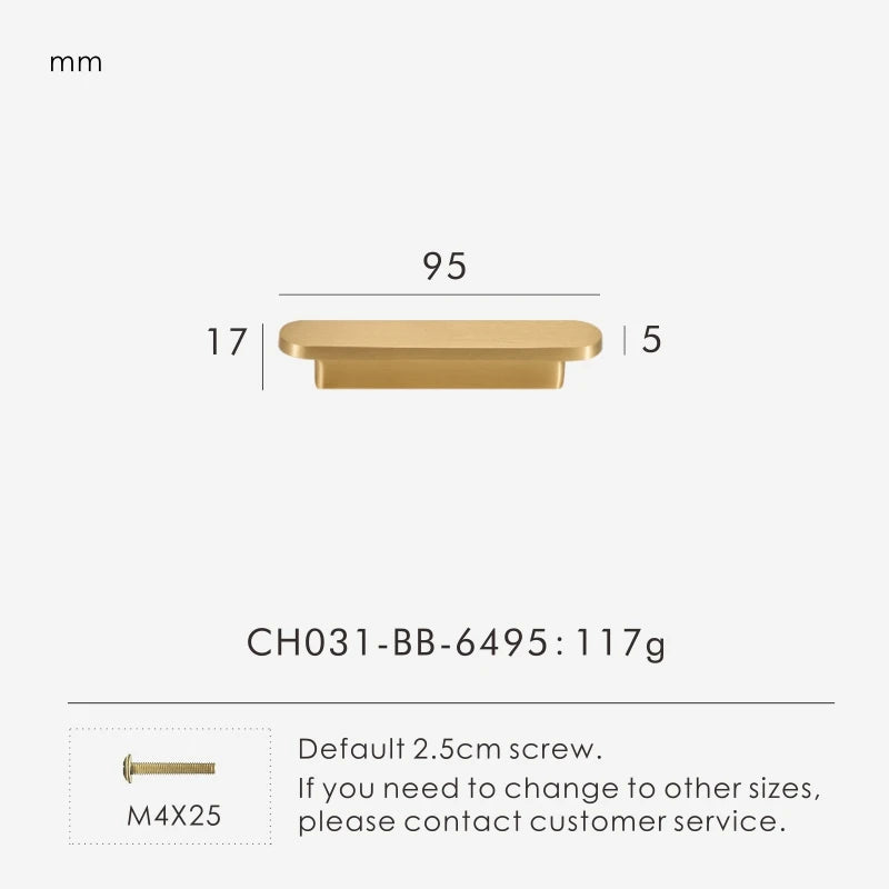 Measurement chart for a gold brass circular-end handle 95 mm with dimensions and weight information.