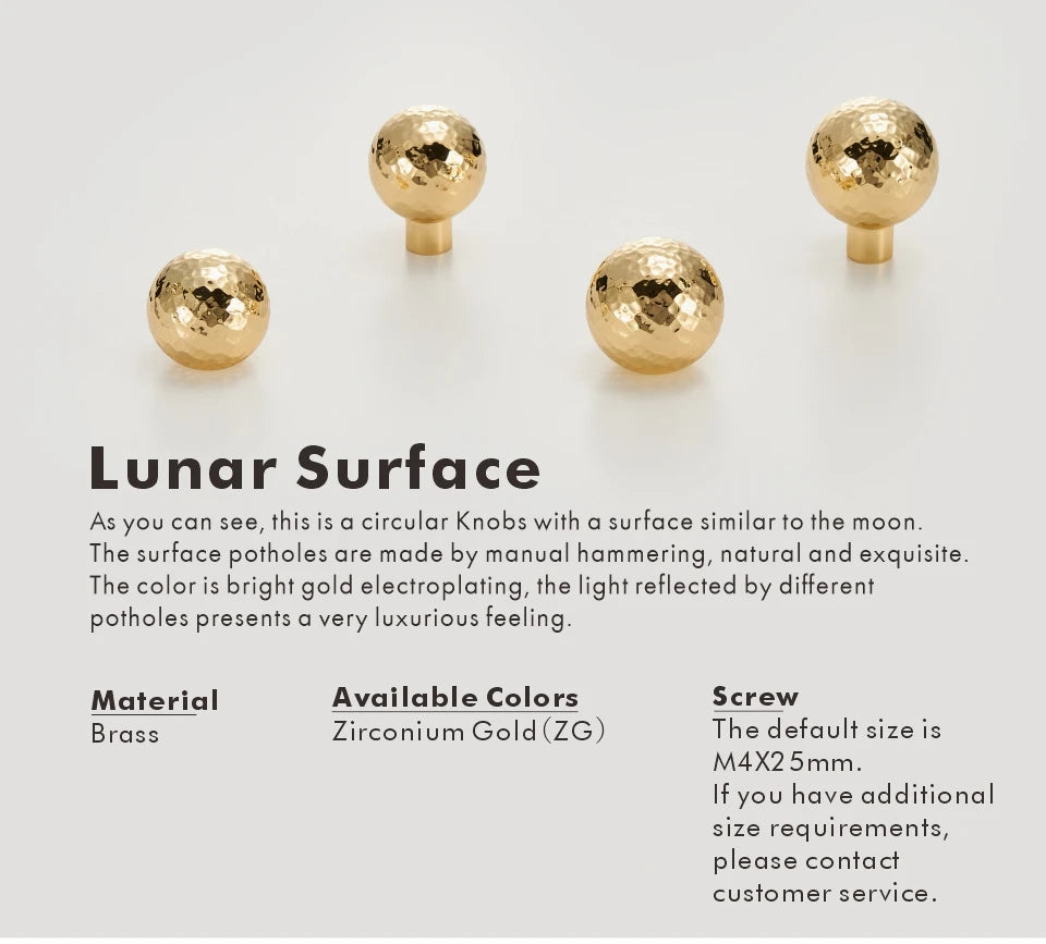 Gold brass circular hammered knobs with description on a white background.