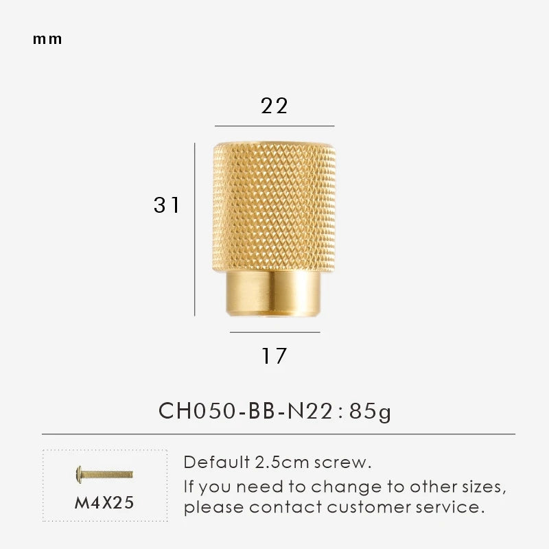 Measurement chart with gold brass cross-knurled knob 22 mm long and dimensions on a white background.