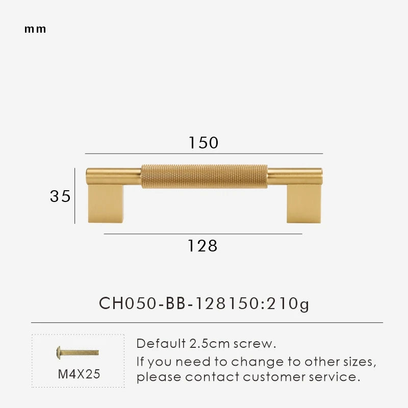Measurement chart with a gold brass cross-knurled pull 150 mm long and dimensions on a white background.