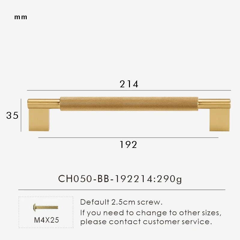 Measurement chart with gold brass cross-knurled pull 214 mm long and dimensions on a white background.