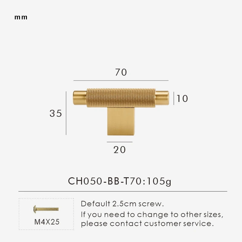 Measurement chart with gold brass cross-knurled t-bar 70 mm long and dimensions on a white background.