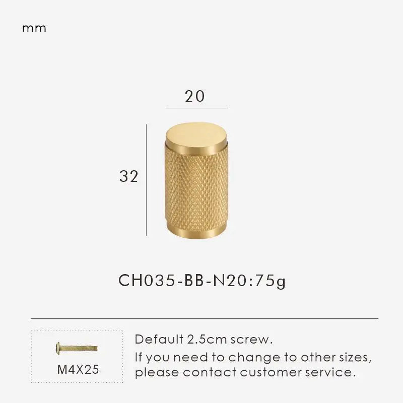 Measurement chart for a gold brass cross knurled knob II 20 mm with dimensions and weight information.