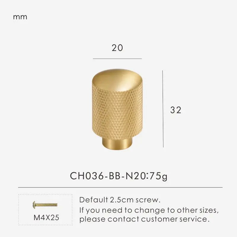 Measurement chart for a gold brass cross knurled knob I 20 mm with dimensions and weight information.
