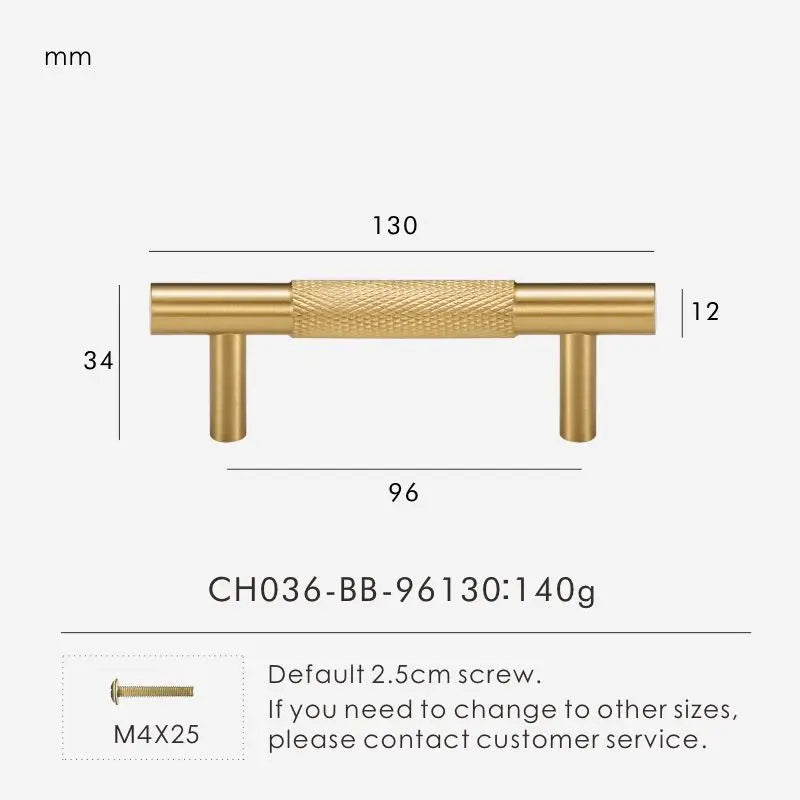 Measurement chart for gold brass cross knurled pull 130 mm with dimensions and weight information.