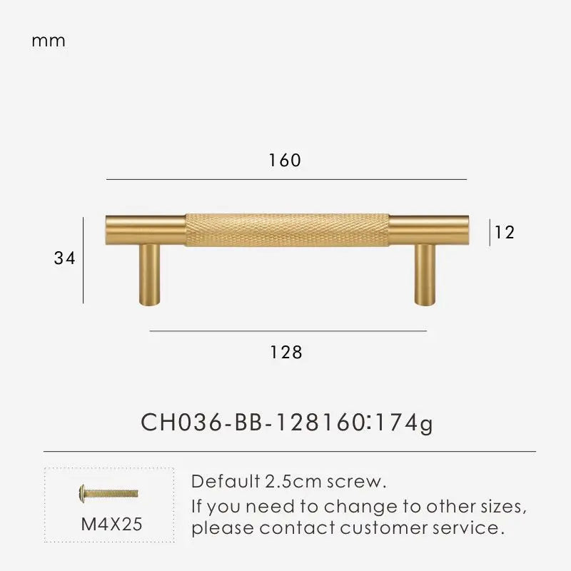 Measurement chart for gold brass cross knurled pull 160 mm with dimensions and weight information.