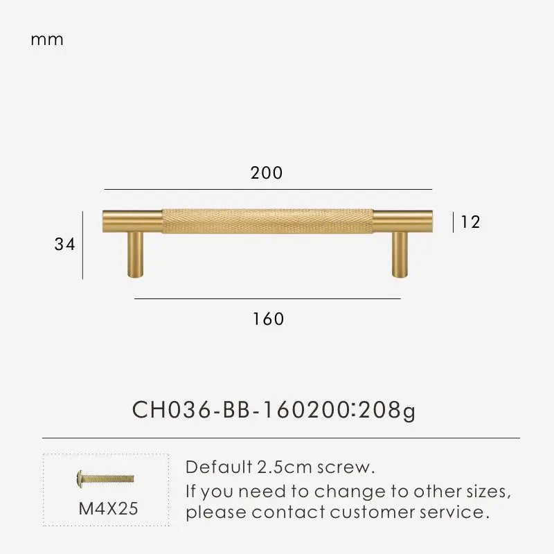 Measurement chart for gold brass cross knurled pull 200 mm with dimensions and weight information.