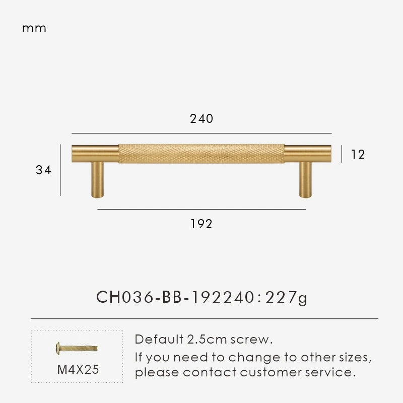 Measurement chart for gold brass cross knurled pull 240 mm with dimensions and weight information.