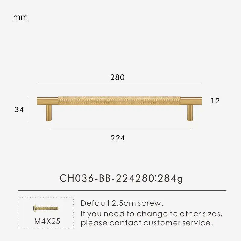 Measurement chart for gold brass cross knurled pull 280 mm with dimensions and weight information.