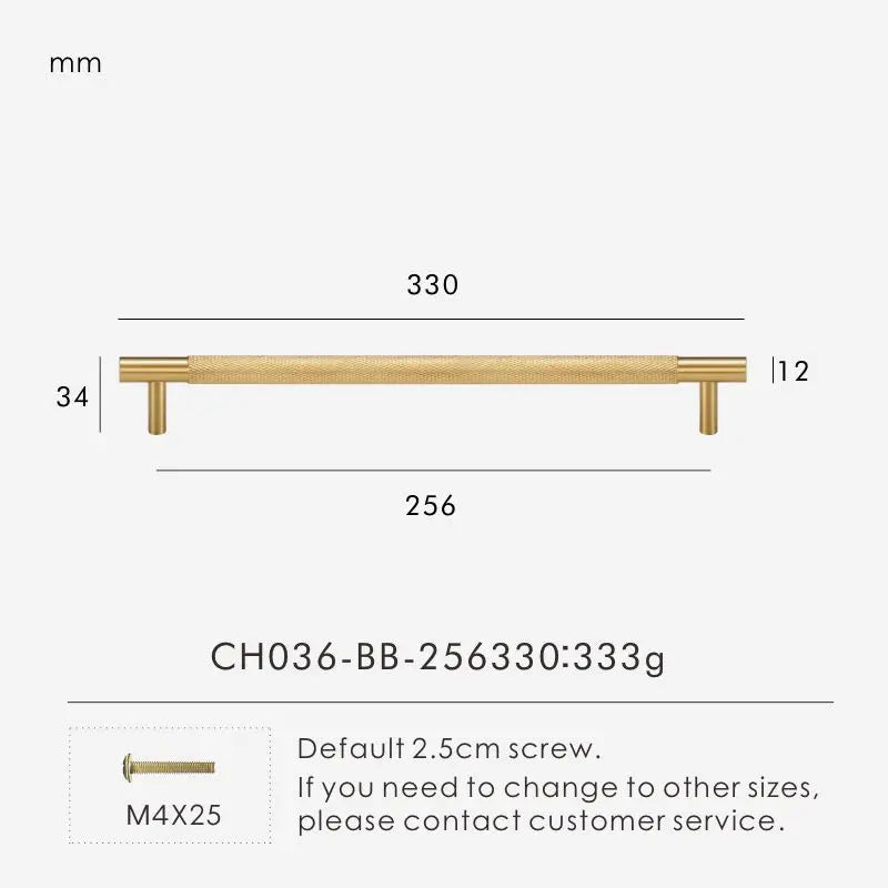 Measurement chart for gold brass cross knurled pull 330 mm with dimensions and weight information.