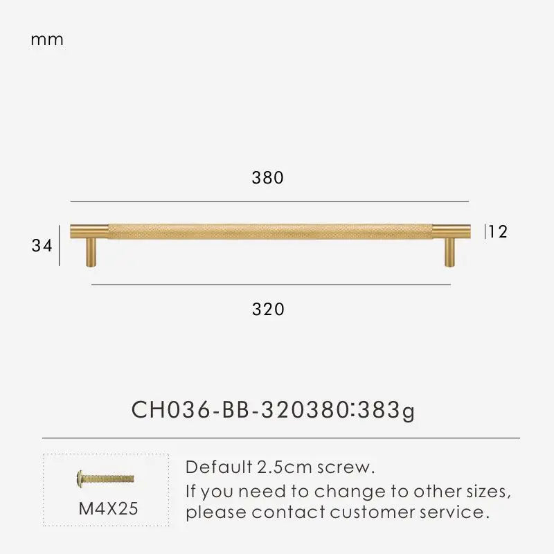Measurement chart for gold brass cross knurled pull 380 mm with dimensions and weight information.