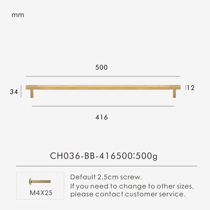 Measurement chart for gold brass cross knurled pull 500 mm with dimensions and weight information.