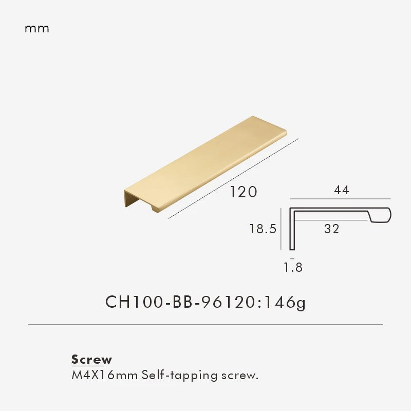 Measurement chart for a gold brass edge pull 120 mm with dimensions and weight information.