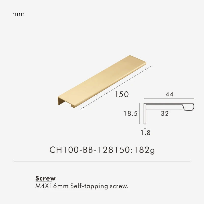 Measurement chart for a gold brass edge pull 150 mm with dimensions and weight information.