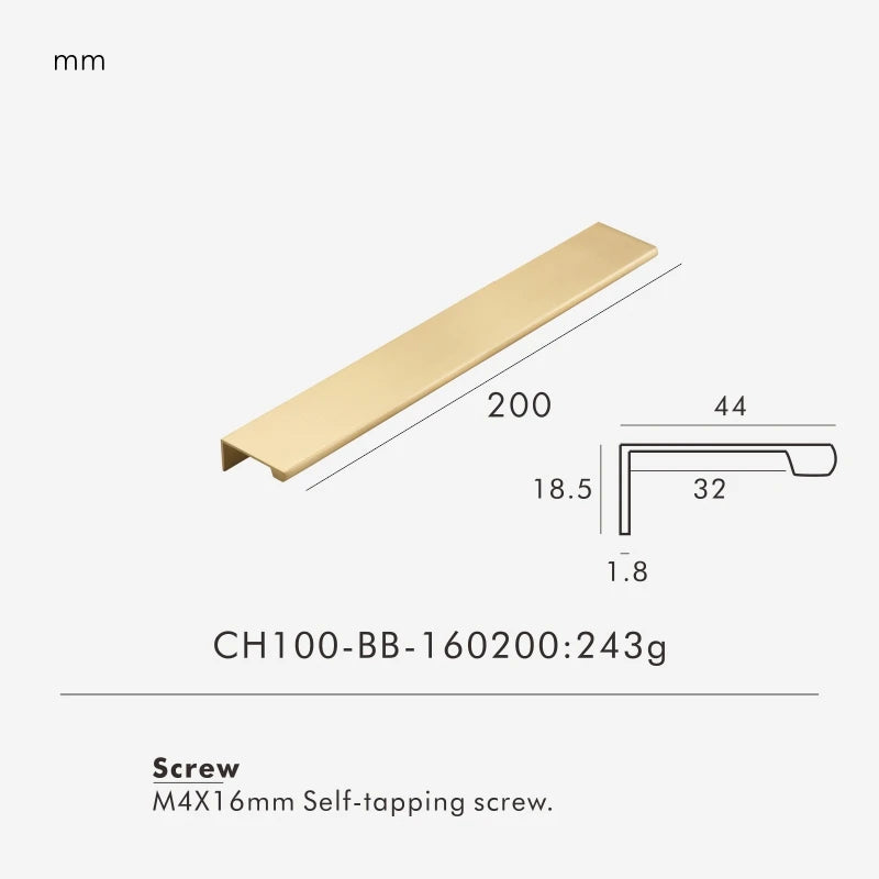 Measurement chart for a gold brass edge pull 200 mm with dimensions and weight information.