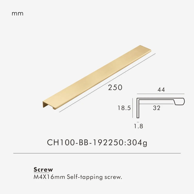 Measurement chart for a gold brass edge pull 250 mm with dimensions and weight information.