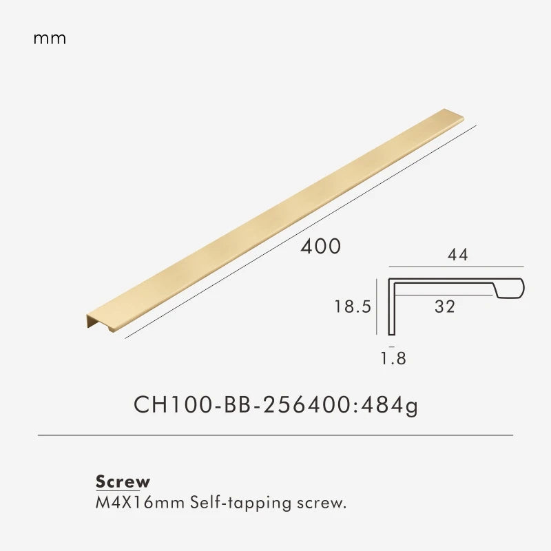 Measurement chart for a gold brass edge pull 400 mm with dimensions and weight information.