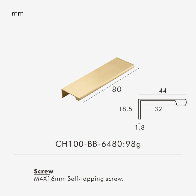 Measurement chart for a gold brass edge pull 80 mm with dimensions and weight information.