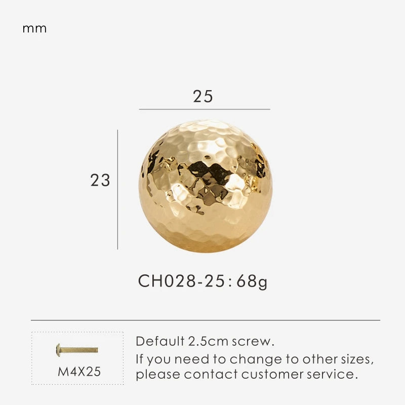 Gold brass hammered knob 25mm with measurements on a white background.