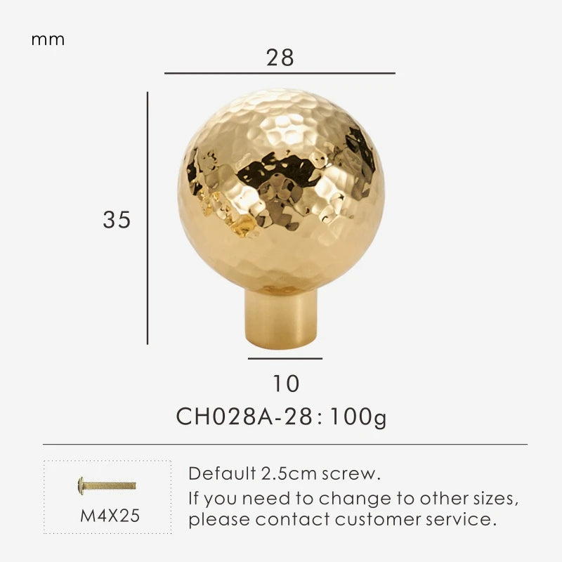 Gold brass hammered knob 28 mm with measurements on a white background.