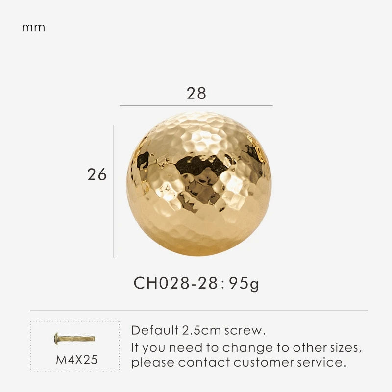 Gold brass hammered knob 28mm with measurements on a white background.